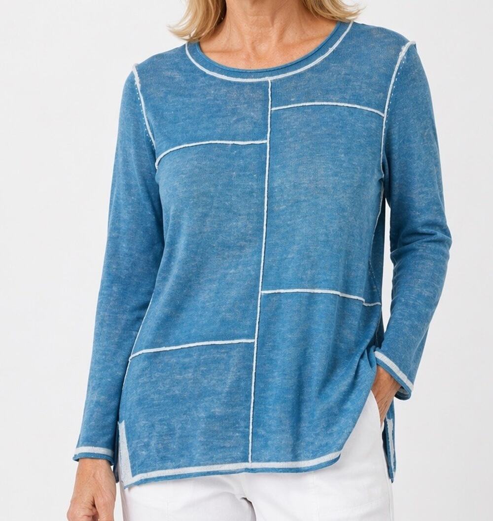 Habitat Top Small Blue Patchwork Cotton Knit Rolled Neck Artsy Lagenlook
